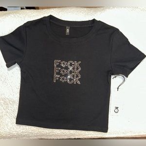 Black short sleeve t-shirt. F*CK on the front.  3DI New York